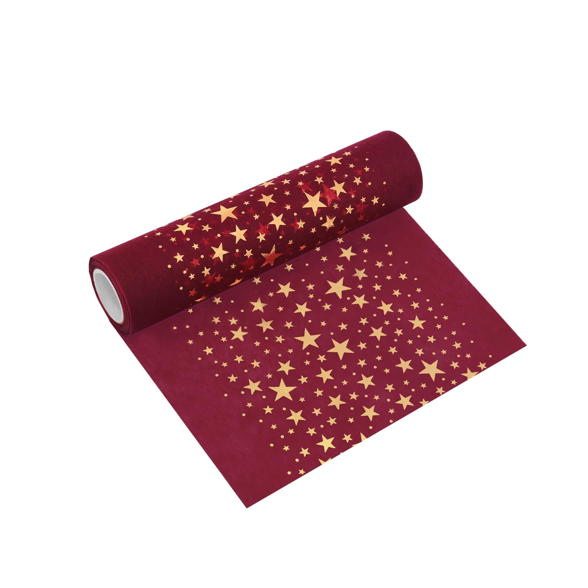 Tischläufer Vlies Rot 5 m – Goldene Sterne, 20 cm Breite, Festliche Weihnachtsdeko, Elegantes Tischband für Weihnachten & Events