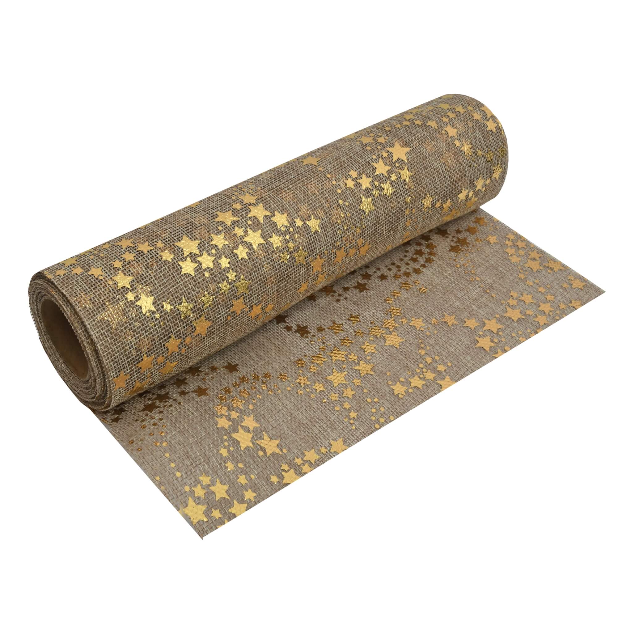 Tischläufer Jute-Optik 5 m – Festliche Sterne in Gold, 28 cm Breite, Weihnachtsdeko, Silvester, Tischband für Feiern & Events